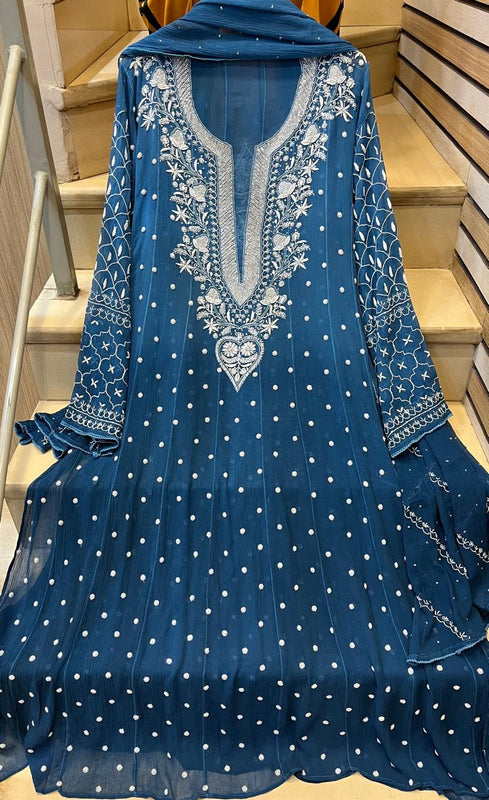 Pure Chiffon Anarkali Kurta Dupatta Set with Pearl & Katdana Embellishments