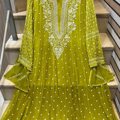 Pure Chiffon Anarkali Kurta Dupatta Set with Pearl & Katdana Embellishments