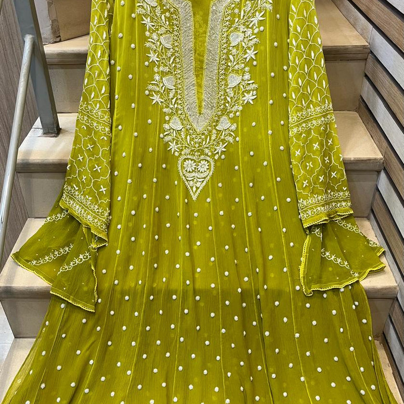 Pure Chiffon Anarkali Kurta Dupatta Set with Pearl & Katdana Embellishments