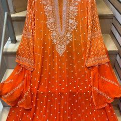 Pure Chiffon Anarkali Kurta Dupatta Set with Pearl & Katdana Embellishments