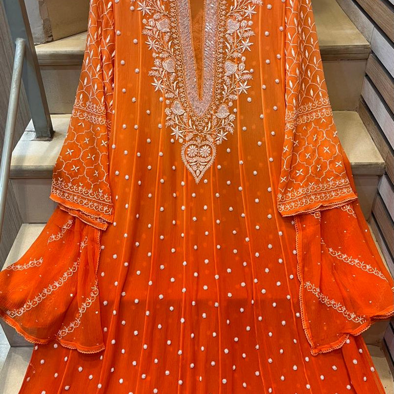 Pure Chiffon Anarkali Kurta Dupatta Set with Pearl & Katdana Embellishments