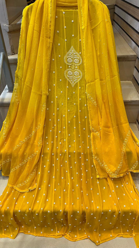 Pure Chiffon Anarkali Kurta Dupatta Set with Pearl & Katdana Embellishments