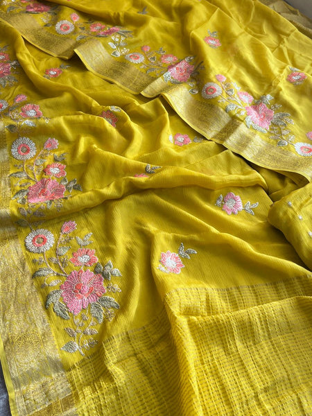 Pure Chinon Crepe Saree with Banarasi Weaving and Multi-Thread Embroidery