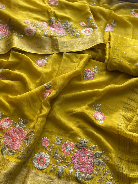 Pure Chinon Crepe Saree with Banarasi Weaving and Multi-Thread Embroidery