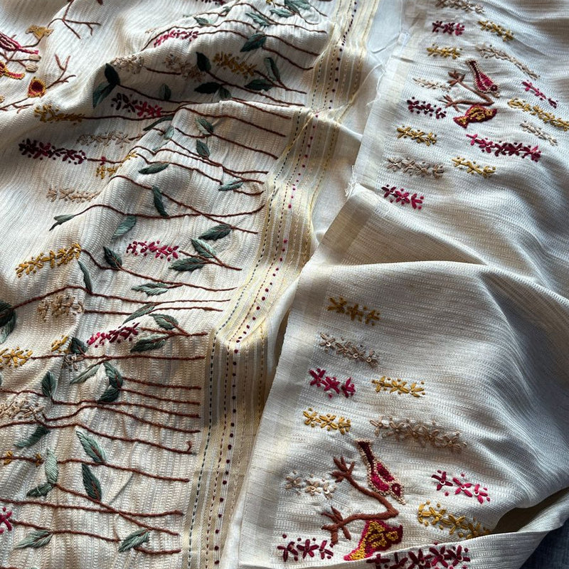 Pure Tussar Linen Silk Saree with Hand Knot & Katha Work