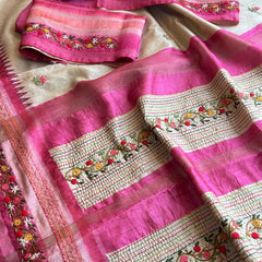 Pure Tussar Linen Silk Saree with Hand Knot & Katha Work