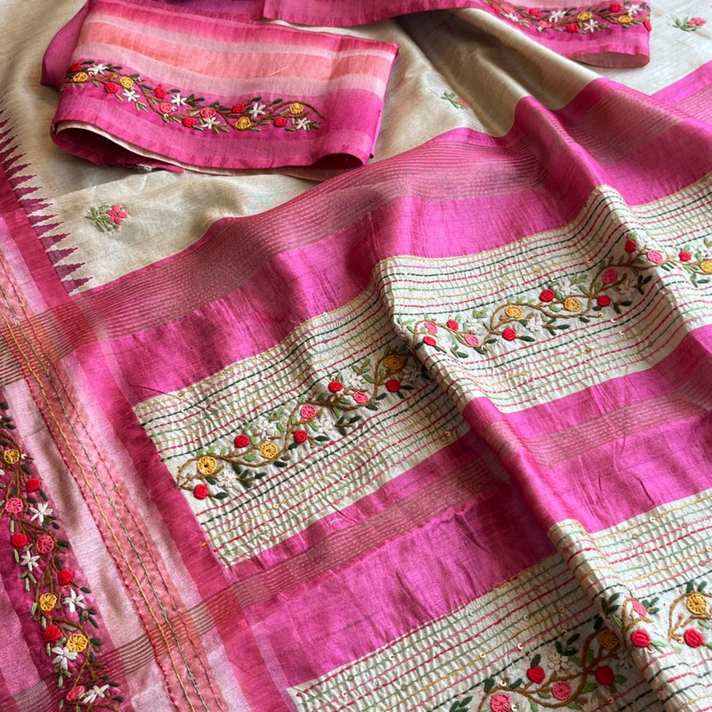 Pure Tussar Linen Silk Saree with Hand Knot & Katha Work