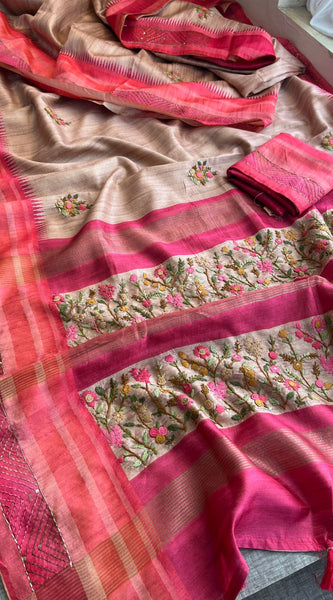 Pure Tussar Linen Silk Saree with Hand Knot & Katha Work