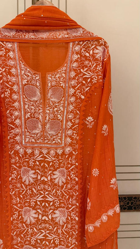 Mul Chanderi Semi-Stitched Kurta Dupatta Set with Pearl, Sequin & Katdana Work