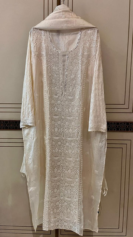 Dyeable Pure Silk Kurta Dupatta Set with Pearl, Sequin & Katdana Embellishments