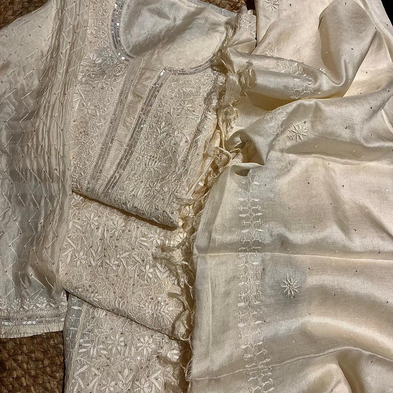 Dyeable Pure Silk Kurta Dupatta Set with Pearl, Sequin & Katdana Embellishments