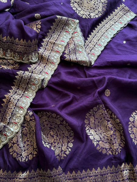 Munga Silk Saree with Zardozi, Pearl & Kutdana Embroidery