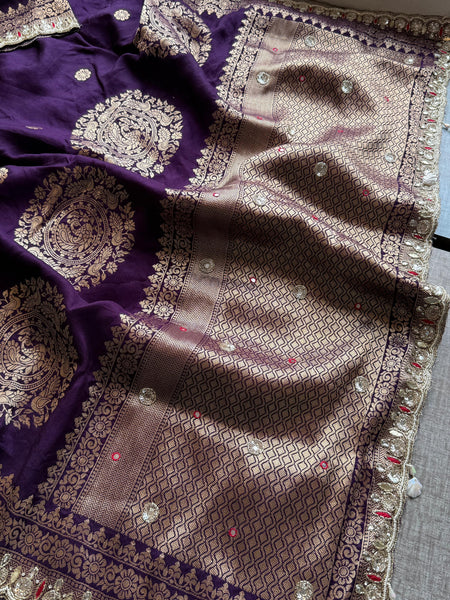 Munga Silk Saree with Zardozi, Pearl & Kutdana Embroidery