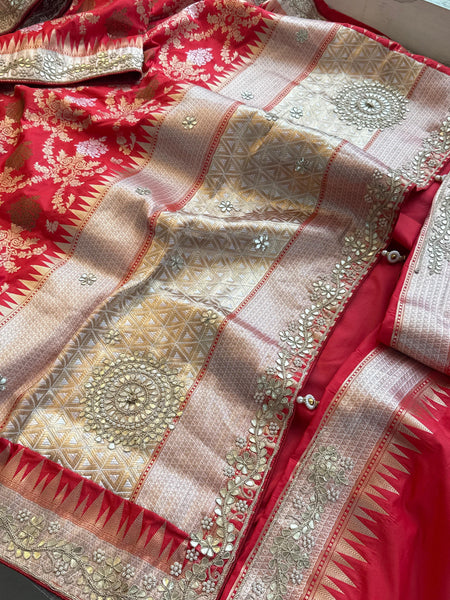 Munga Patola Silk Saree with Gotapatti & Pearl Embroidery