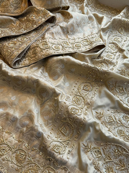 Munga Banarasi Silk Saree with Pearl & Zardozi Embroidery