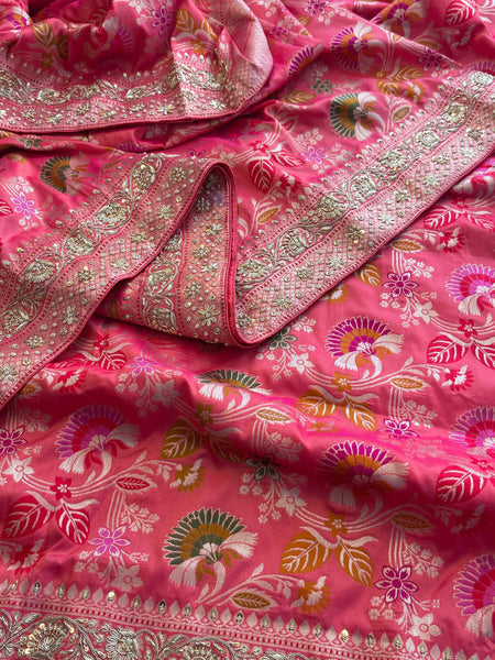 Munga Silk Banarasi Saree with Zardozi & Pearl Accents