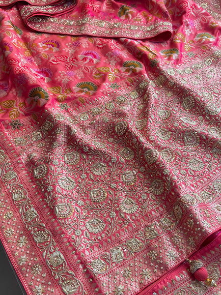 Munga Silk Banarasi Saree with Zardozi & Pearl Accents