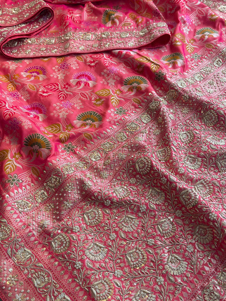 Munga Silk Banarasi Saree with Zardozi & Pearl Accents