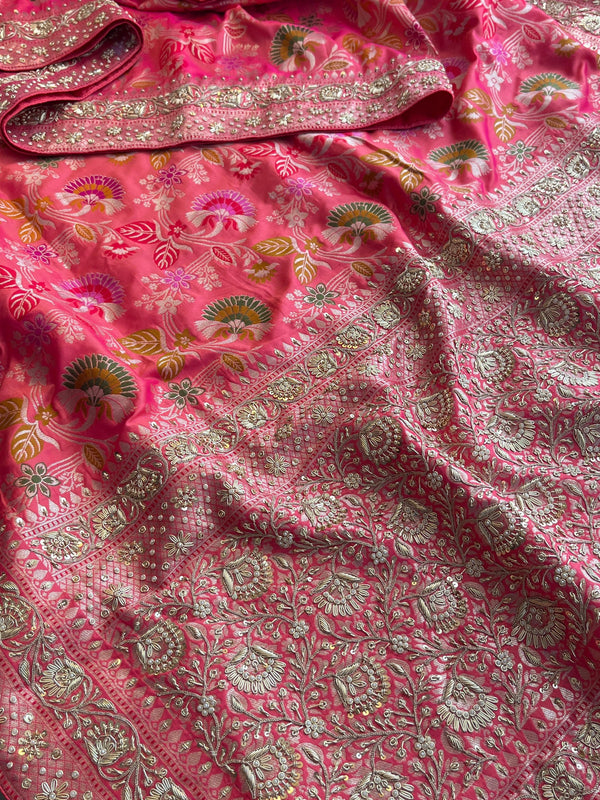 Munga Silk Banarasi Saree with Zardozi & Pearl Accents