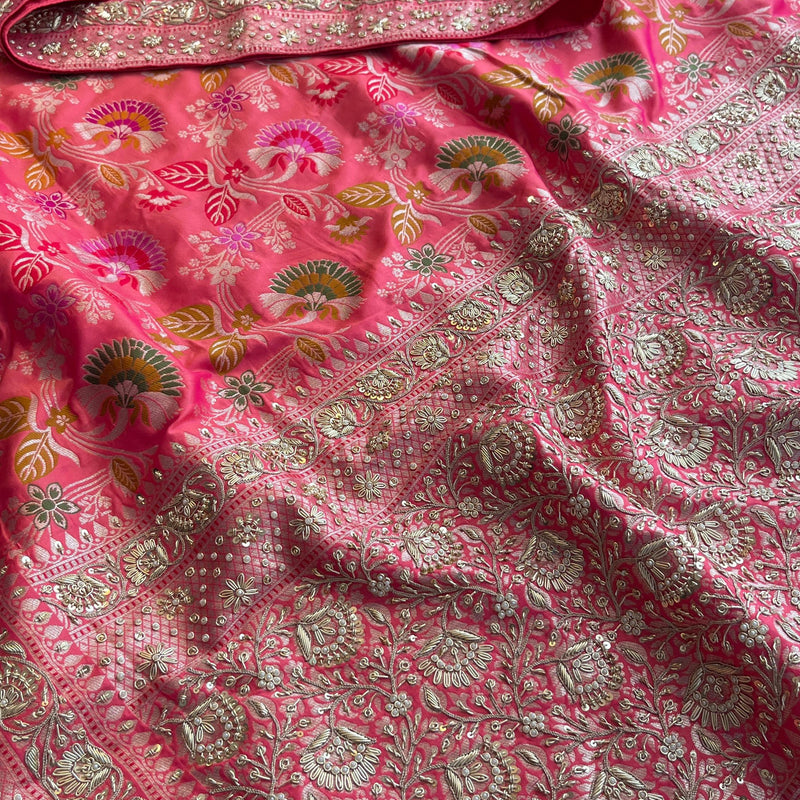 Munga Silk Banarasi Saree with Zardozi & Pearl Accents