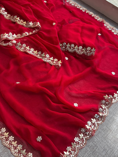 Chiffon Saree with Zardozi, Pearl & Gotapatti Highlights