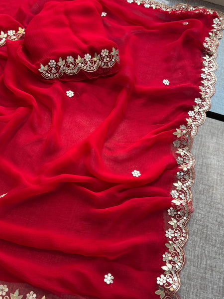 Chiffon Saree with Zardozi, Pearl & Gotapatti Highlights