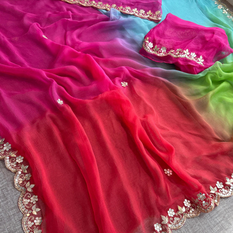 Chiffon Saree with Zardozi, Pearl & Gotapatti Highlights
