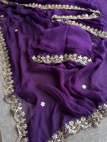 Chiffon Saree with Zardozi, Pearl & Gotapatti Highlights