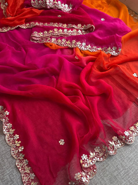Chiffon Saree with Zardozi, Pearl & Gotapatti Highlights