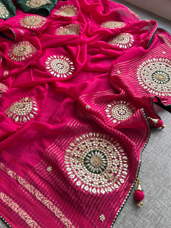 Munga Silk Banarasi Saree with Anchor, Pearl & Zardozi