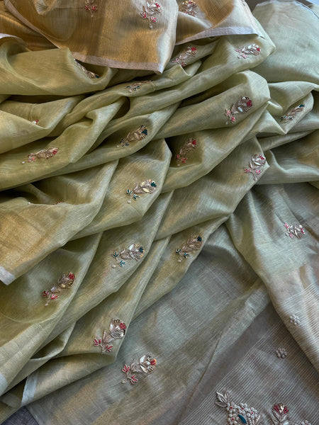 Tissue Linen Banarasi Silk Saree with Zardozi & Pearl Work