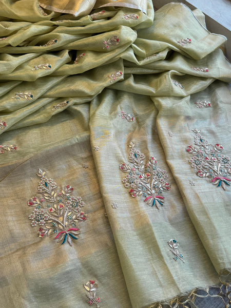 Tissue Linen Banarasi Silk Saree with Zardozi & Pearl Work