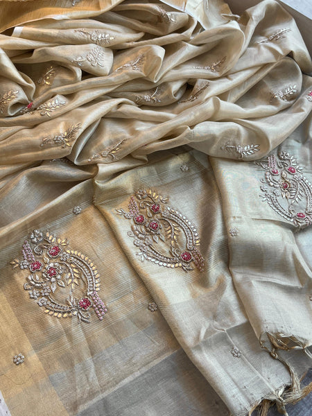 Tissue Linen Banarasi Silk Saree with Zardozi & Pearl Work