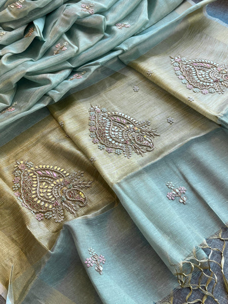 Tissue Linen Banarasi Silk Saree with Zardozi & Pearl Work