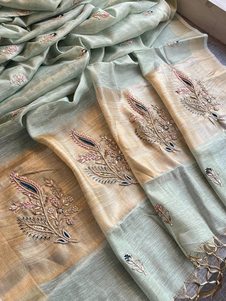 Banarasi Tissue Linen Silk Saree with Resham & Gotapatti Work