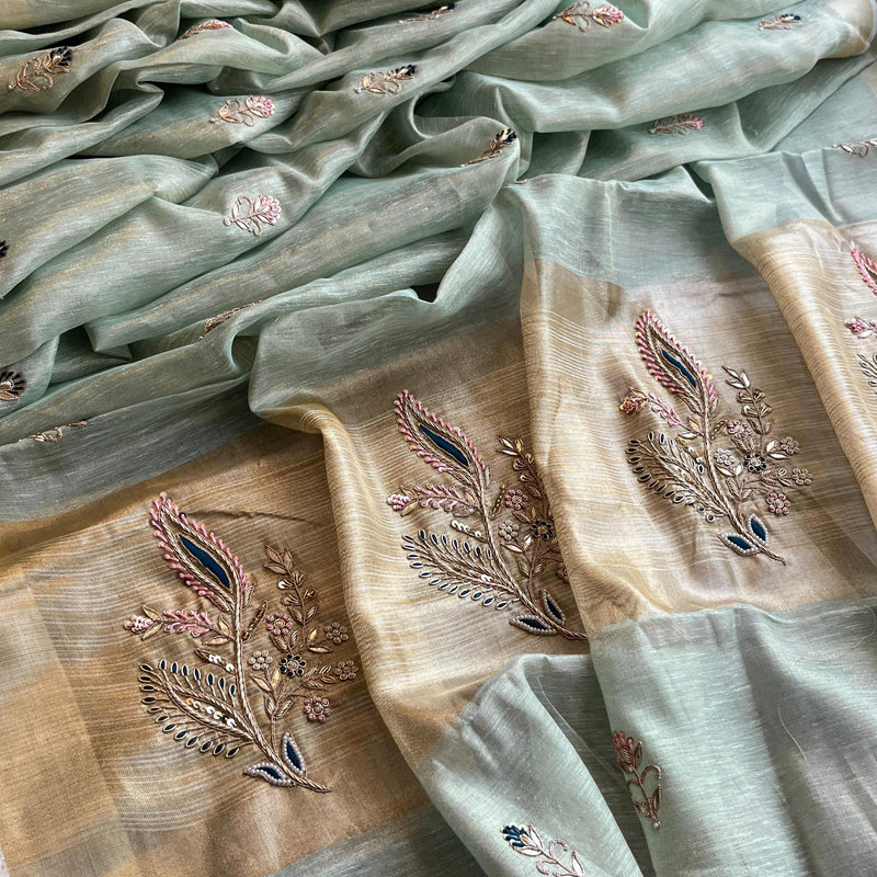 Banarasi Tissue Linen Silk Saree with Resham & Gotapatti Work