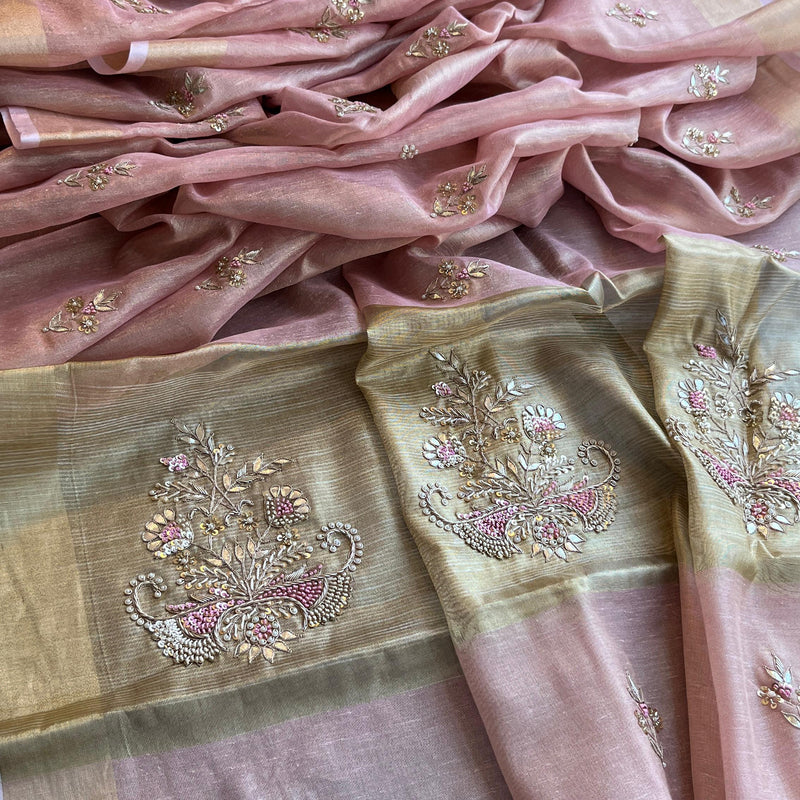 Tissue Linen Silk Banarasi Saree with Pearl & Resham Work