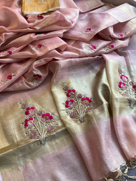Banarasi Tissue Linen Silk Saree with Resham & Pearl Highlights