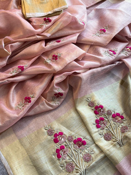 Banarasi Tissue Linen Silk Saree with Resham & Pearl Highlights
