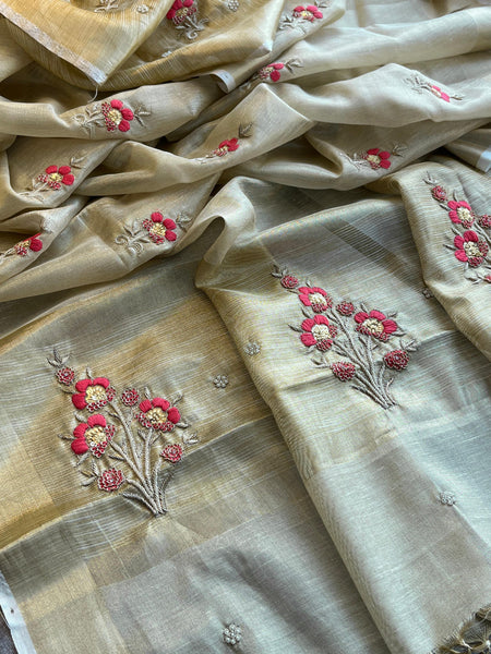 Banarasi Tissue Linen Silk Saree with Resham & Pearl Highlights