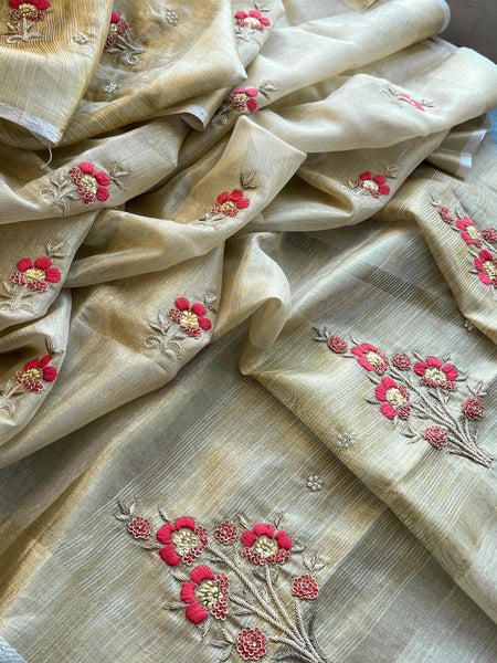 Banarasi Tissue Linen Silk Saree with Resham & Pearl Highlights