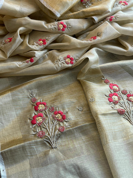 Banarasi Tissue Linen Silk Saree with Resham & Pearl Highlights