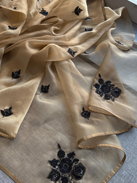 Organza Tissue Silk Saree with Zardozi & Kutdana Embroidery