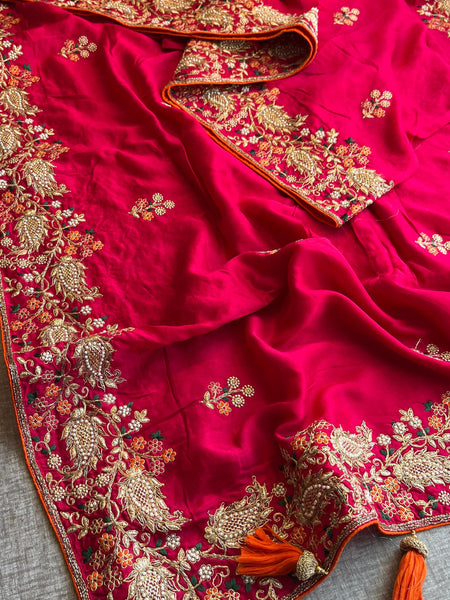 Munga Silk Saree with Zari, Resham & Pearl Embellishment