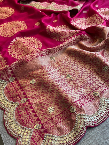 Munga Banarasi Silk Saree with Zardozi & Pearl Embroidery