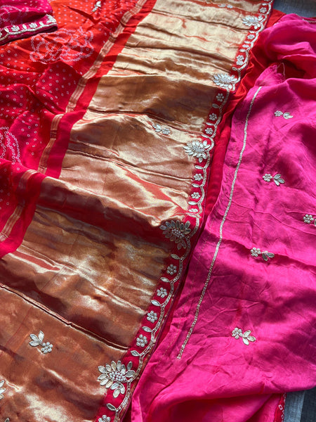 Gajji Bandhani Silk Banarasi Saree with Pearl & Gotapatti