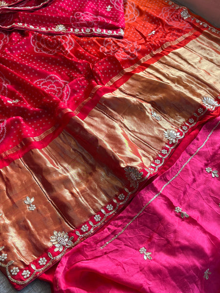 Gajji Bandhani Silk Banarasi Saree with Pearl & Gotapatti