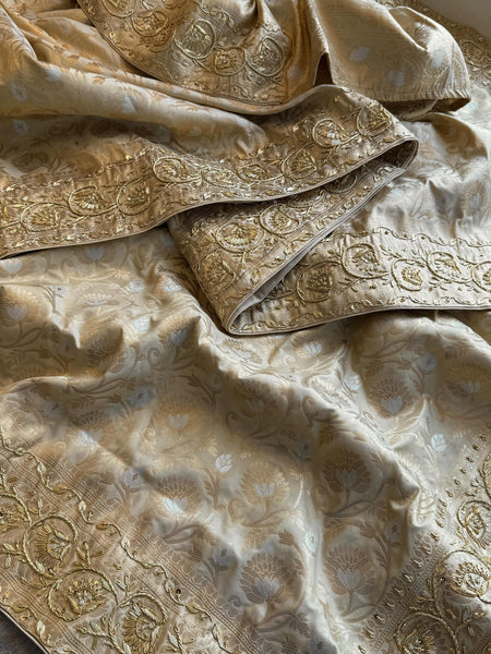 Munga Banarasi Silk Saree with Zardozi, Pearl & Sequins