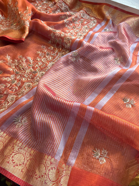 Tissue Handloom Banarasi Silk Saree with Kasab & Kutdana Work