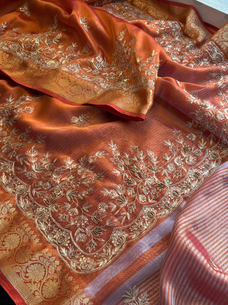 Tissue Handloom Banarasi Silk Saree with Kasab & Kutdana Work
